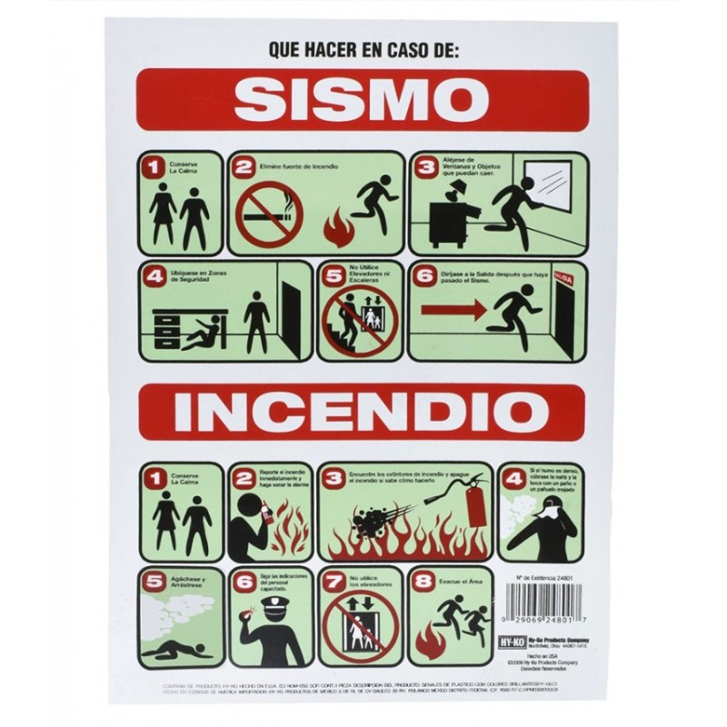 Letrero Plástico de Señalización de Pared Sismo/Incendio 21 x 30 cm Hy-ko